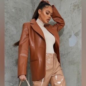 Rebecca Minkoff Faux Lambskin Blazer in Cognac